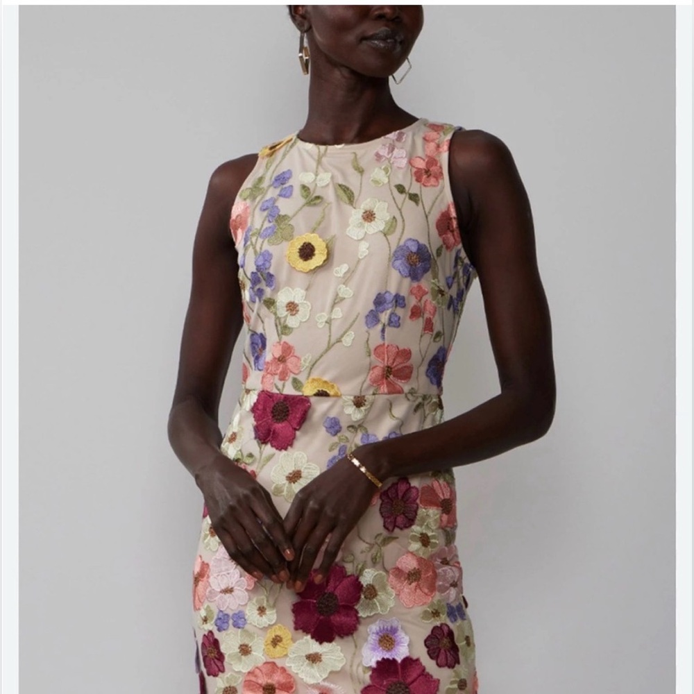 Nicole Miller Floral White Dress with Pink and Green floral appliqué Accents